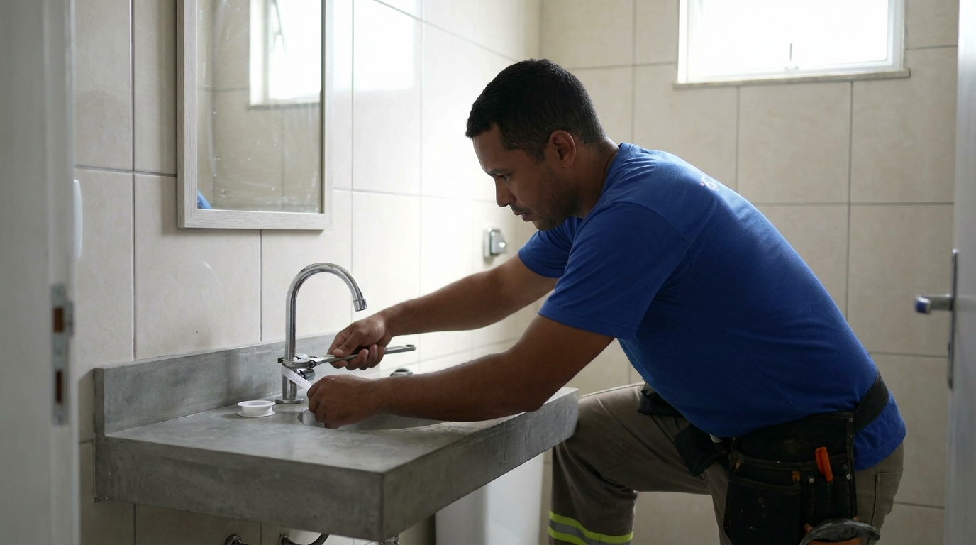 Encanador instalando torneira em Chapecó‑SC