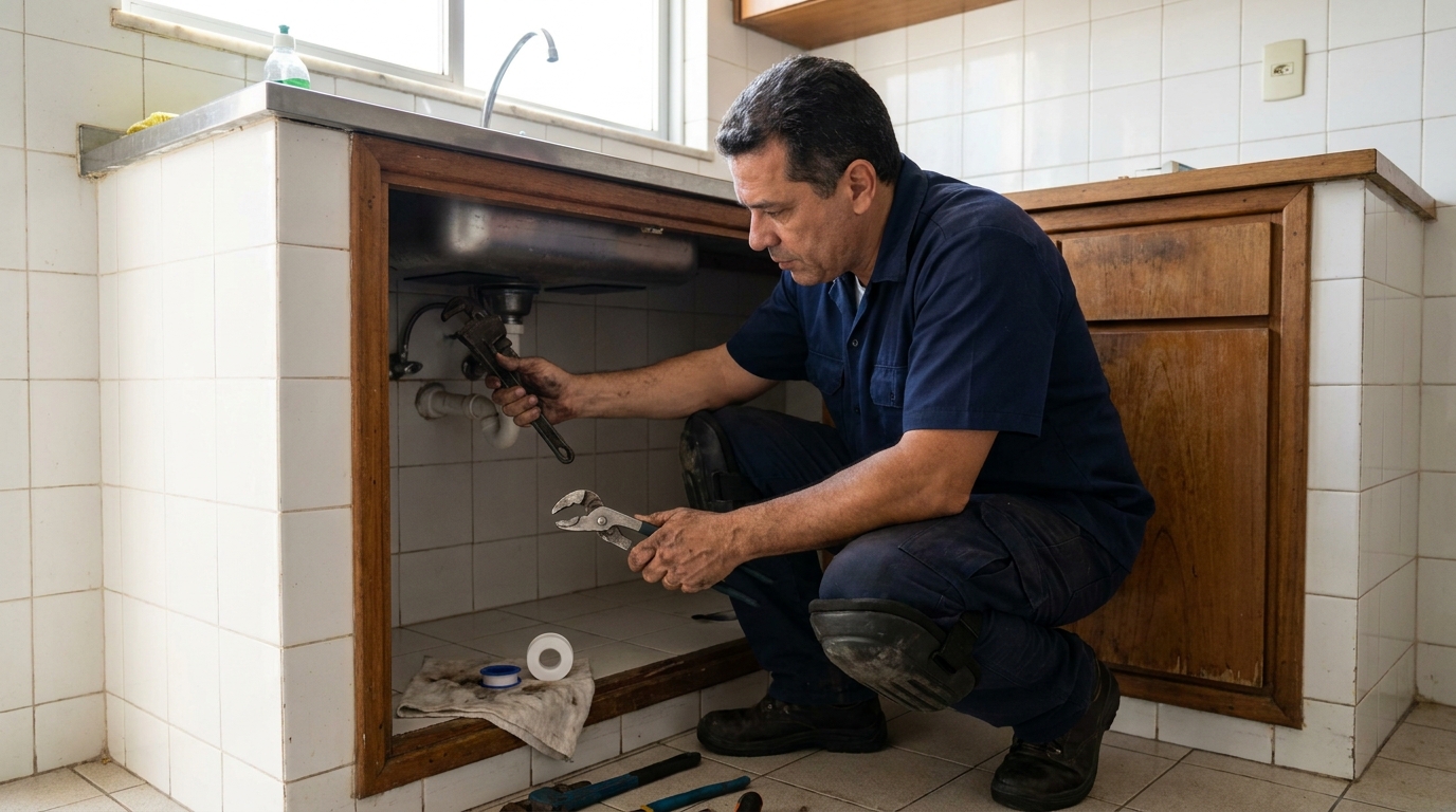 Encanador realizando manutenção em Chapecó‑SC