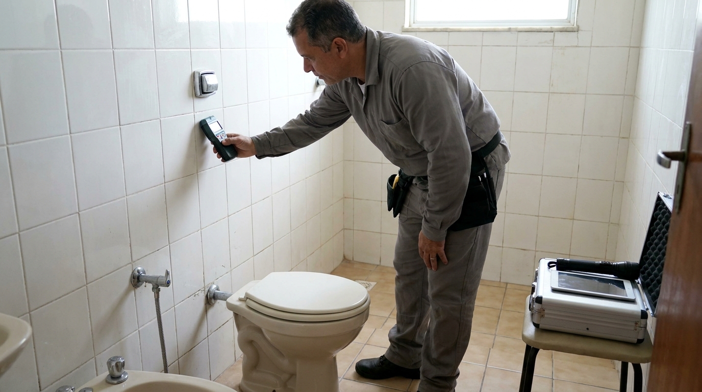 Técnico de caça vazamento analisando tubulação em Chapecó‑SC
