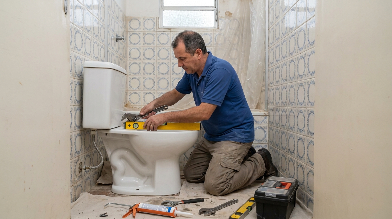 Técnico instalando vaso sanitário em Chapecó‑SC